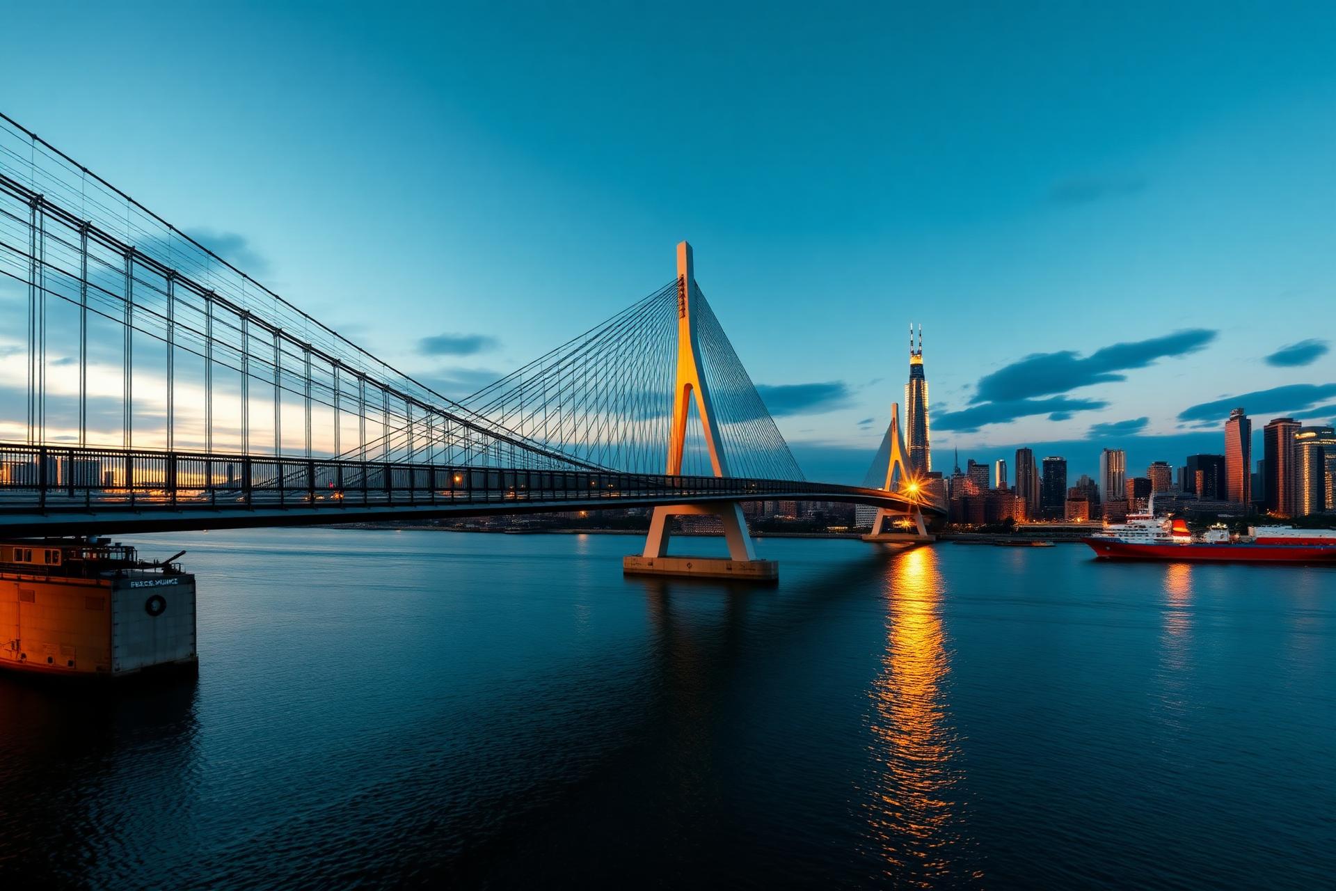 Suspension bridge and skyline at dusk